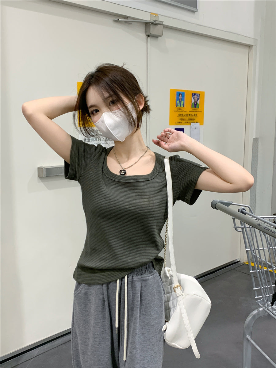 Wed. 大U領華夫格短版上衣 綠