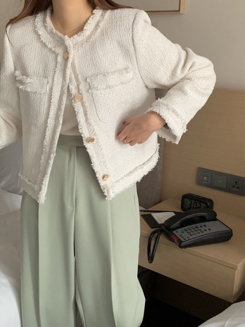 Thu. 小香粗呢鬚邊廓形西裝外套 白/黑