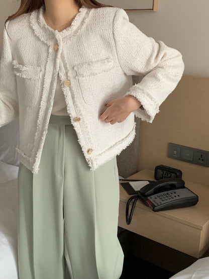 Thu. 小香粗呢鬚邊廓形西裝外套 白/黑