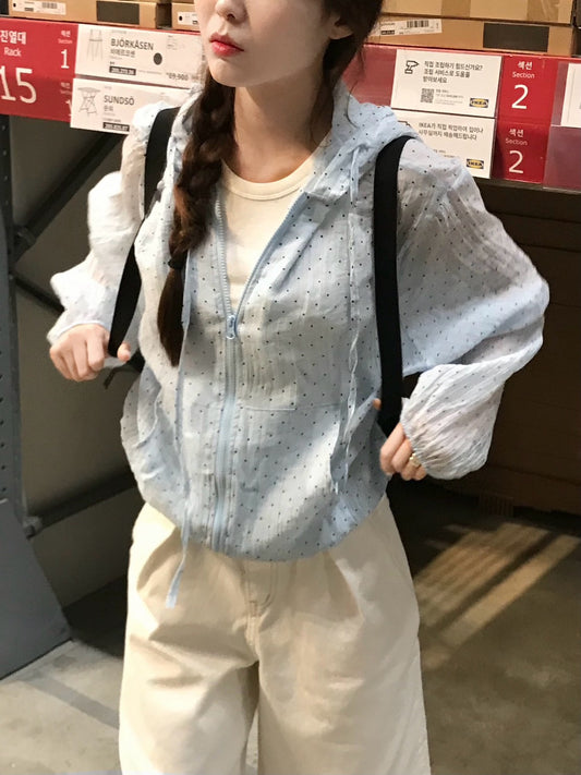 Tue. 日漫少女可愛連帽波點拉鏈外套 藍