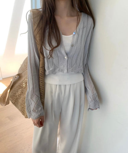 Tue. 氣質排扣針織空調外套 灰/米白