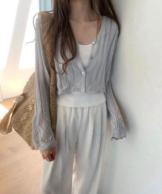 Tue. 氣質排扣針織空調外套 灰/米白