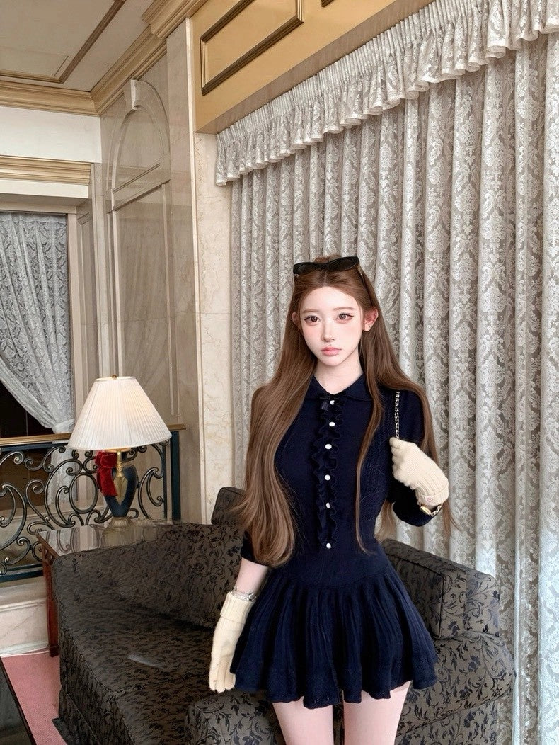 Tue. 優等生公式 藏藍木耳邊針織半身裙套裝