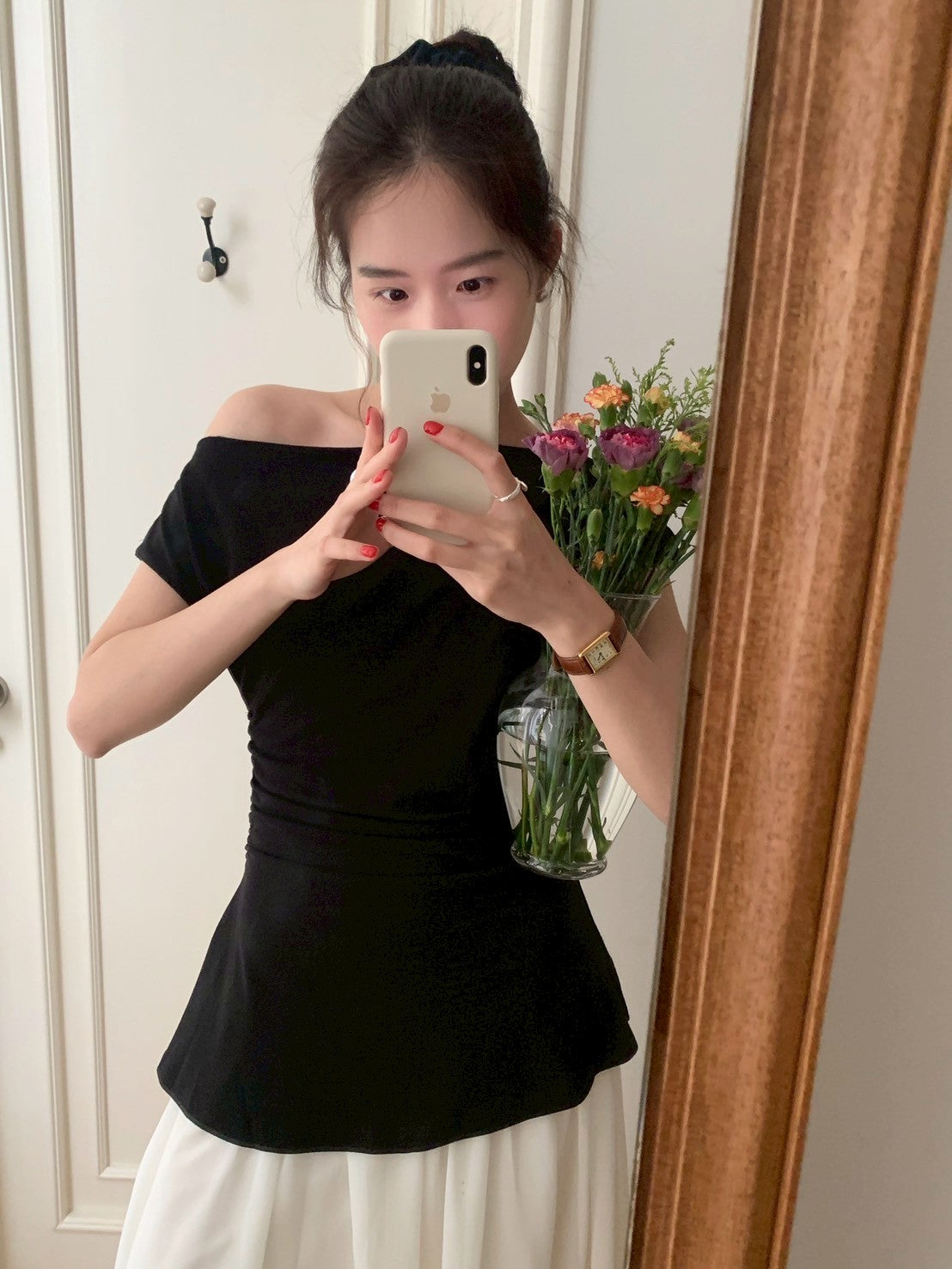 Mon. 韓chic高級斜肩黑白拼接連身裙