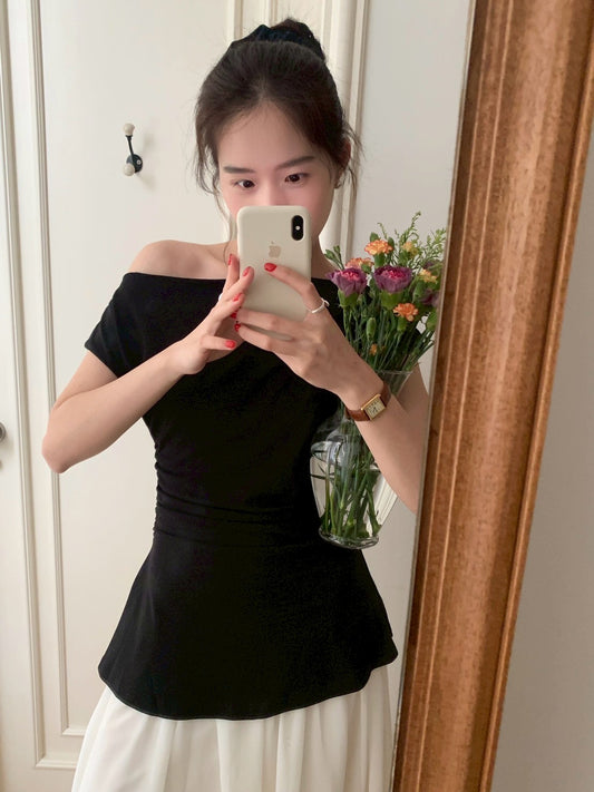 Mon. 韓chic高級斜肩黑白拼接連身裙