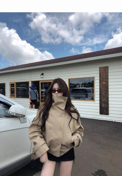 Tue. 英倫萊賽韓系翻領雙排扣風衣 卡其