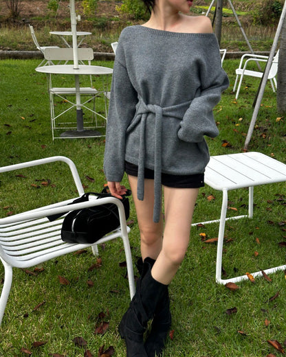 Fri. 韓chic簡約風一字領繫帶針織上衣 灰/米白