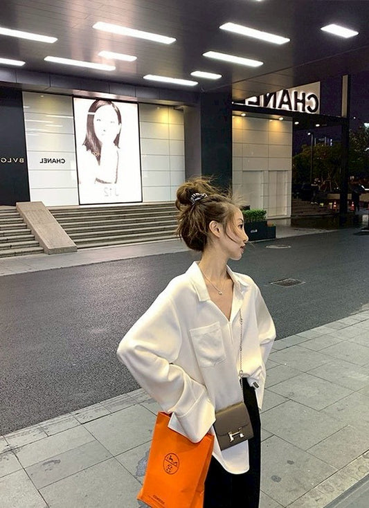 Mon. 高定小輕奢 絲滑醋酸百搭長袖襯衫 珍珠白/時髦黑