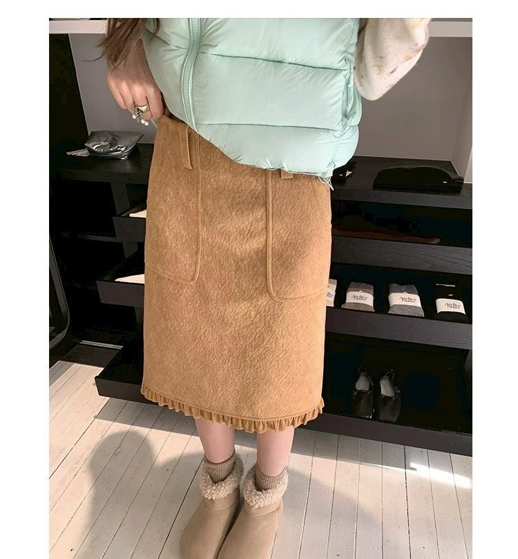 Thu. 秋冬復古褶皺半身裙 卡其
