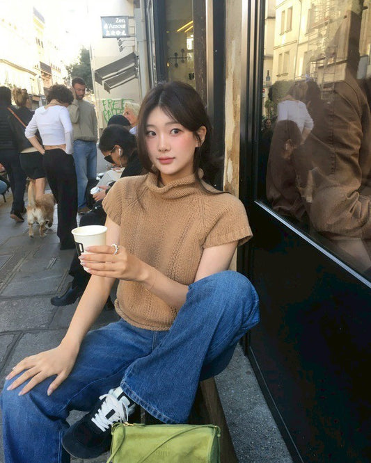 Tue. 韓女氣質高領短袖毛衣 卡棕/炭黑