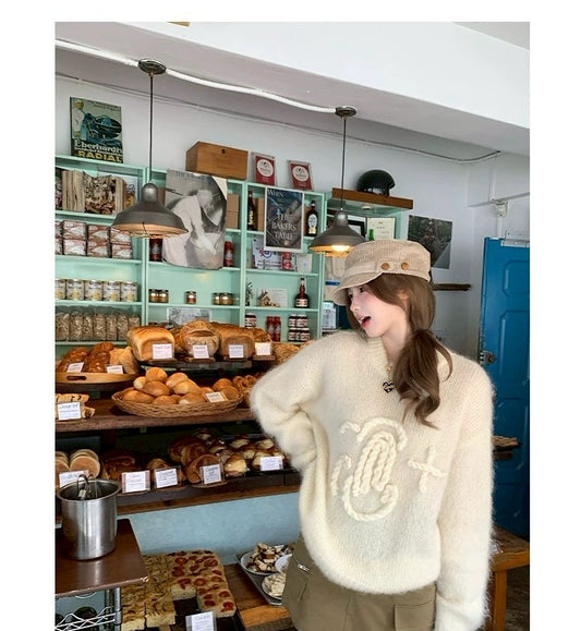 Tue. 昆丁少女圓領麻繩編針織上衣 米