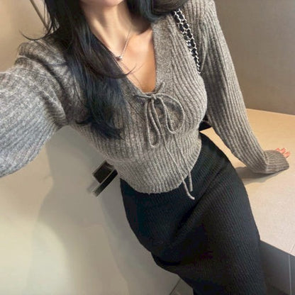 Mon. 高顏值抽繩V領灰色毛衣