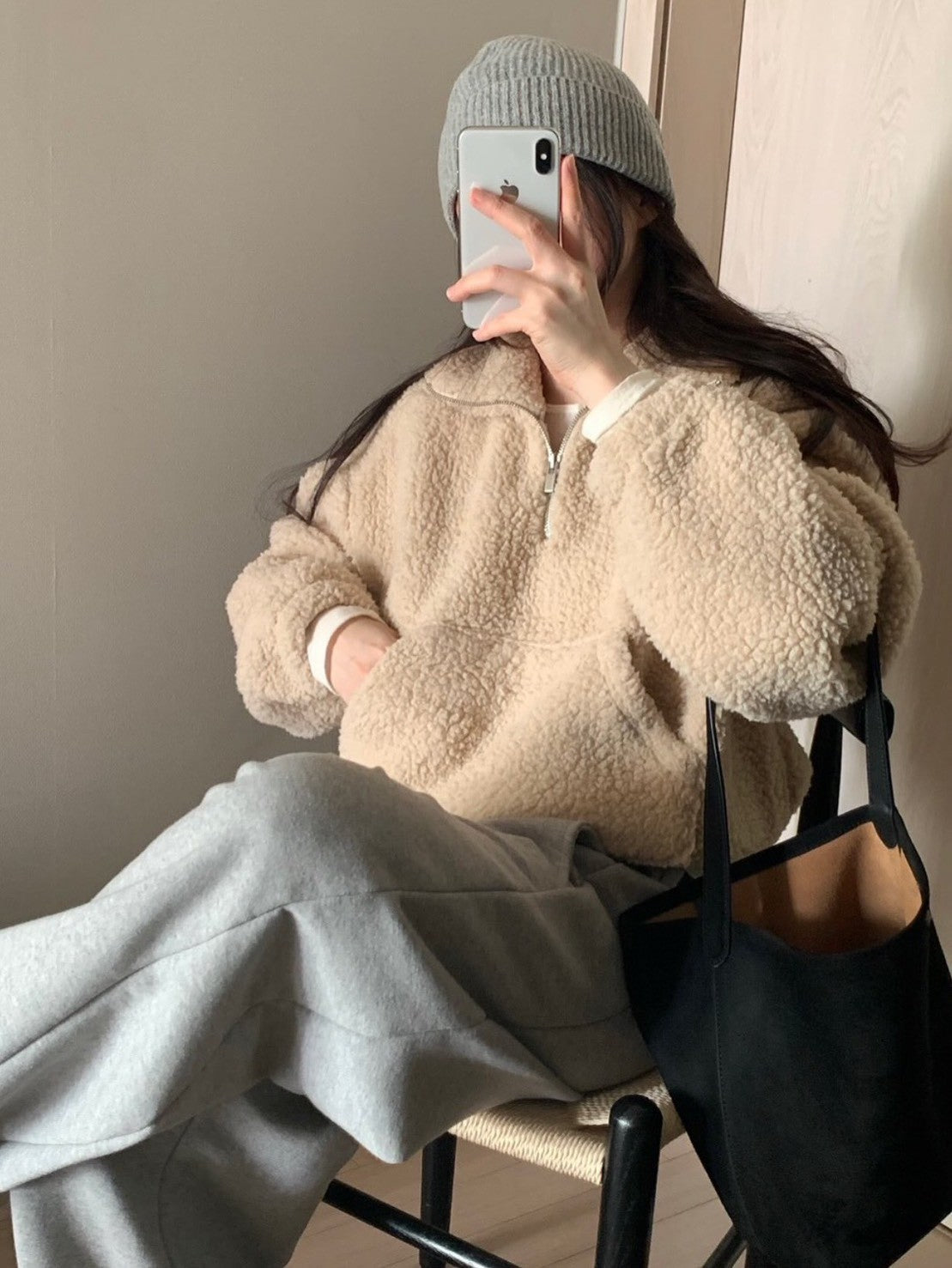 Fri. 鬆弛感n+泰迪毛毛立領毛衣 卡其/咖色