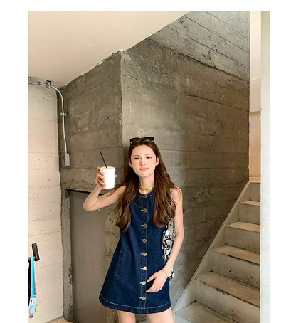 Mon. 南法湖邊 單排扣圓領牛仔連身裙