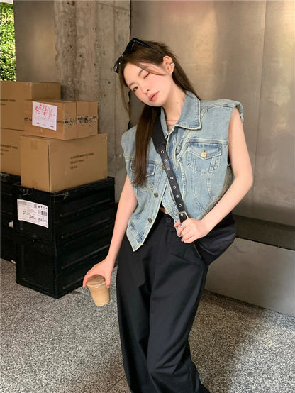 Thu. 不對稱單扣繞繩無袖牛仔外套