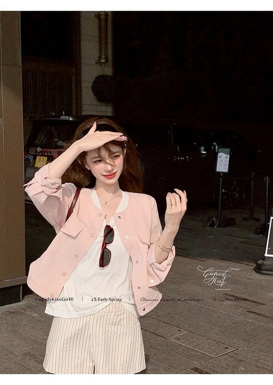 Mon. 淡顏系少女研究所 泡泡糖百搭襯衫 休閒夾克 粉色