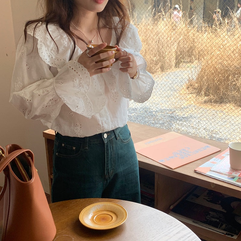 Tue. 韓國荷葉領刺繡襯衫 白