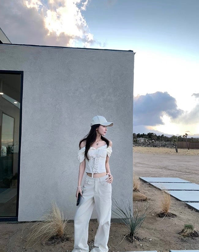 Mon. 百搭簡約美式直筒修身工裝褲 水泥白