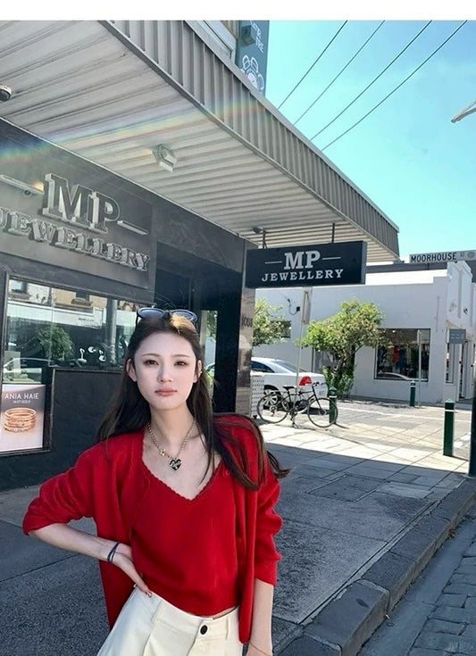Mon. 琥珀午后 韓系氣質背心針織外套2件組 紅