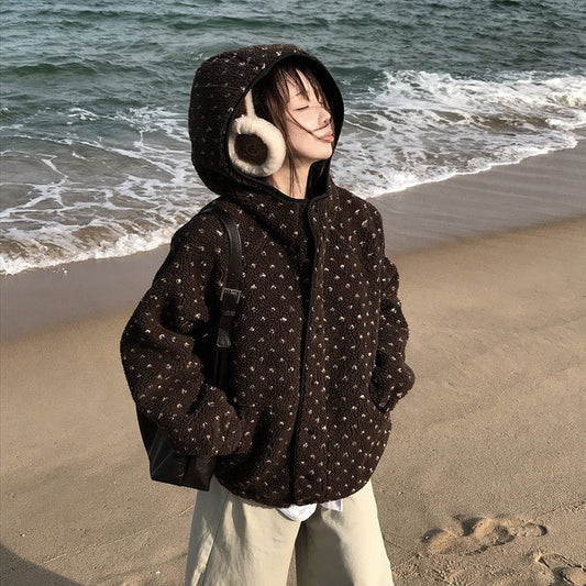 Fri. 熱呼便利店愛心波點羊羔毛連帽外套 咖/灰