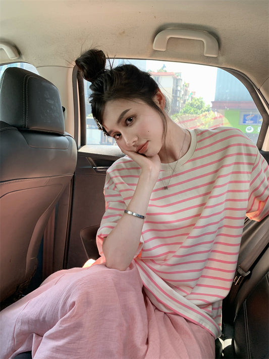 Tue. 夏日條紋圓領上衣 粉