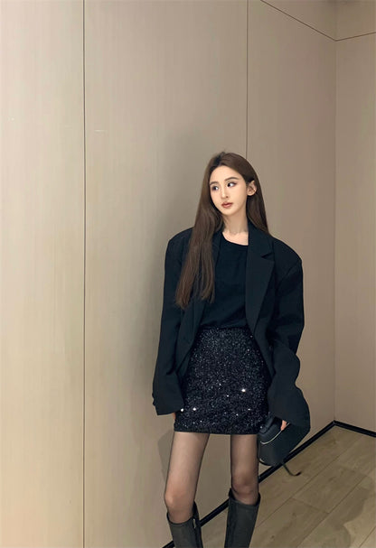 Wed. 通勤兩粒扣墊肩西裝外套 黑色亮片裙