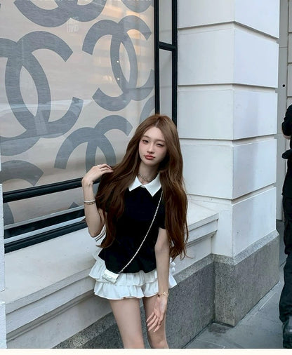 Mon. 乖乖女日常 奶香翻領撞色襯衫 蛋糕小短裙