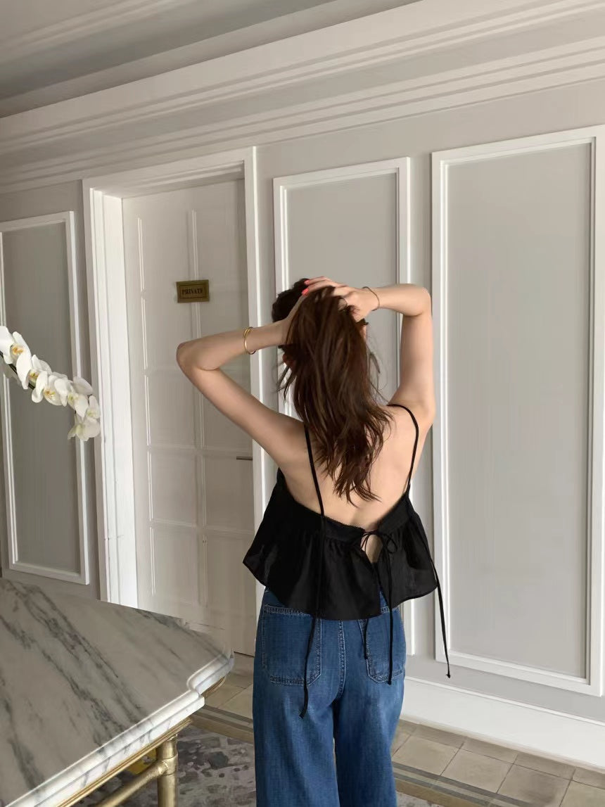 Wed. 後背綁帶美胸短版背心 黑/藍