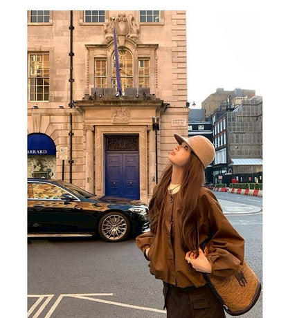 Thu. 明媚香港 復古花苞圓領夾克 咖