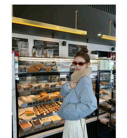 Thu. 卡斯托鎮仿狐狸毛領瘦瘦羽絨外套 藍