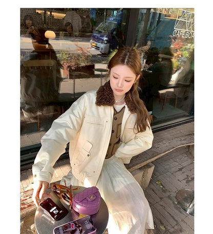 Thu. 橡子街巴恩風拼接毛領工裝外套 紫/米白