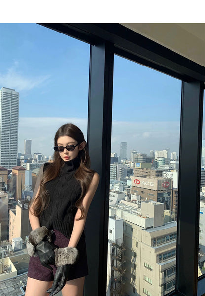 Tue. Oni小高領’’氣質麻花百搭針織背心 奶茶/黑