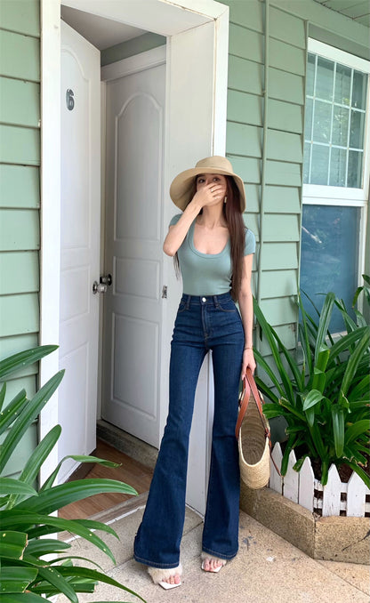 Mon. 復古顯瘦高腰喇叭褲 深藍