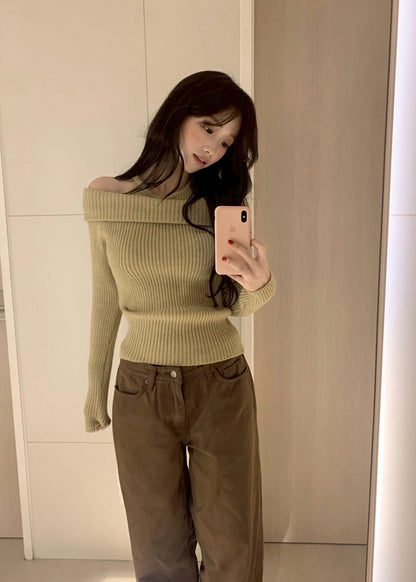 Mon. 純慾滿分 假兩件式露肩修身針織上衣 米/卡其