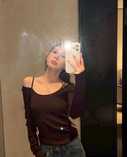 Mon. 新款修身顯瘦假兩件針織打底上衣4色 白/咖