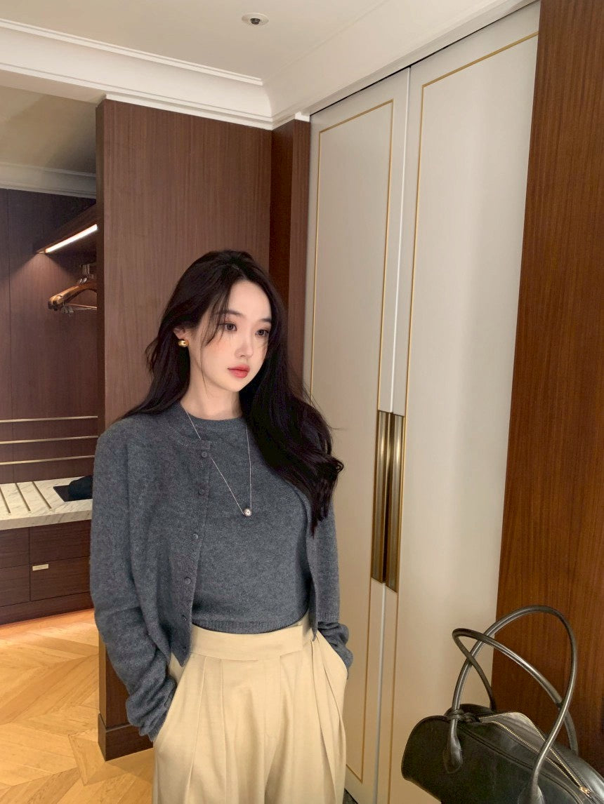 Mon. 童話書通勤百搭針織上衣外套2件組 杏/咖/灰