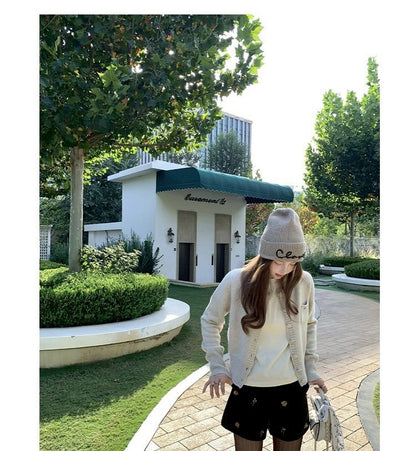 Thu. 海灣花園 混紡羊毛百搭針織開衫 紫/灰米