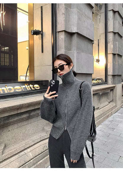 Mon. 基礎翻領雙拉鏈慵懶感毛衣 灰