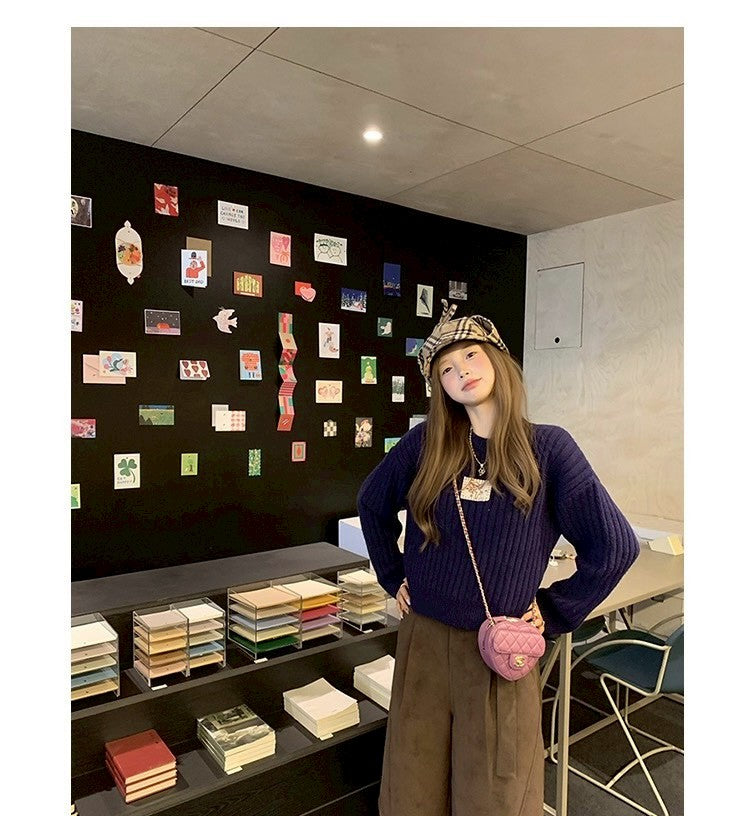 Thu. 麥迪大道小天使刺繡圓領羊毛衣 藍