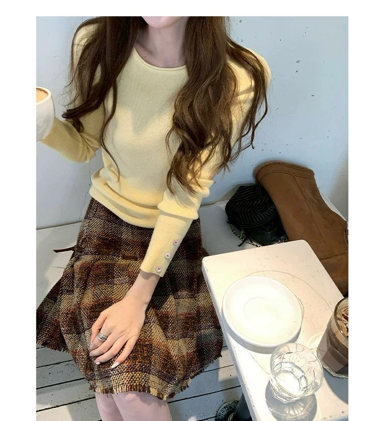 Thu. Cheese拿鐵韓系修身圓領針織打底 奶黃