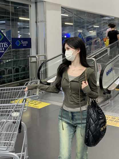 Tue. 圓領打底鈕扣垂墜兩穿上衣 綠/黑