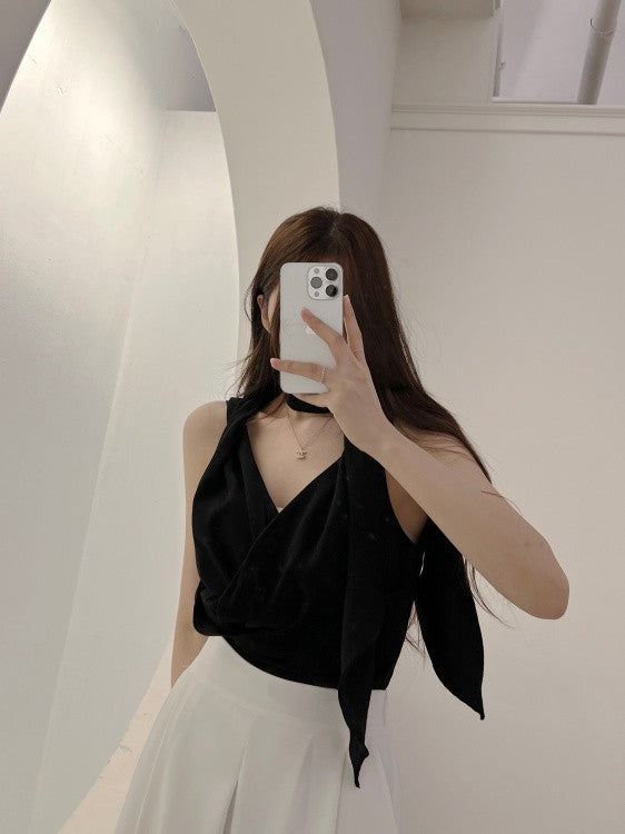 雅典女神V領綁領雪紡上衣 黑