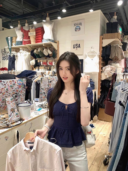Fri. 法式少女重工方領純棉上衣 藍