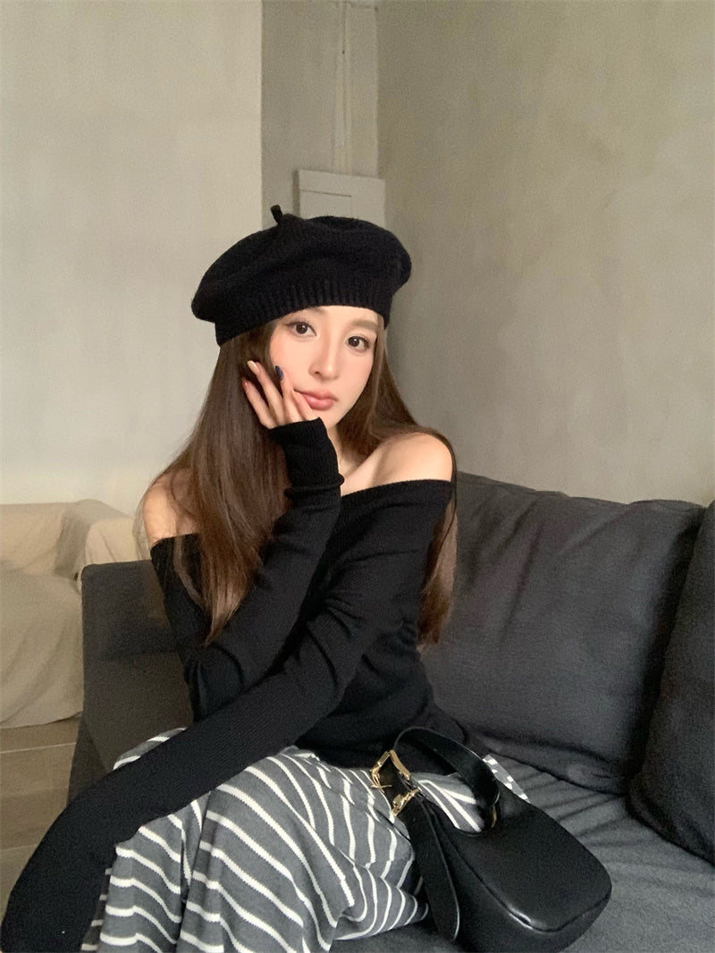 Wed. 慵懶氣質一字肩針織上衣 黑