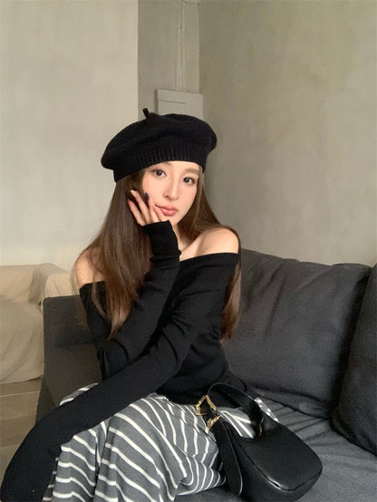 Wed. 慵懶氣質一字肩針織上衣 黑