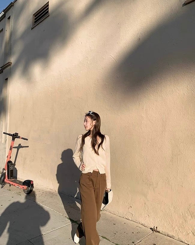 Mon. 百搭簡約美式直筒修身工裝褲 美式咖色