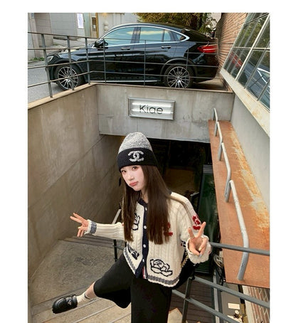 Thu. 淡味牛津chic熱巴同款玫瑰刺繡針織開衫 米白