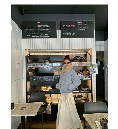 Thu. 卡斯托鎮仿狐狸毛領瘦瘦羽絨外套 藍