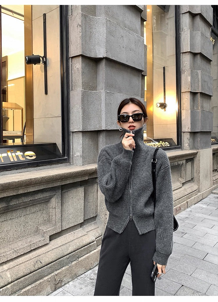 Mon. 基礎翻領雙拉鏈慵懶感毛衣 灰