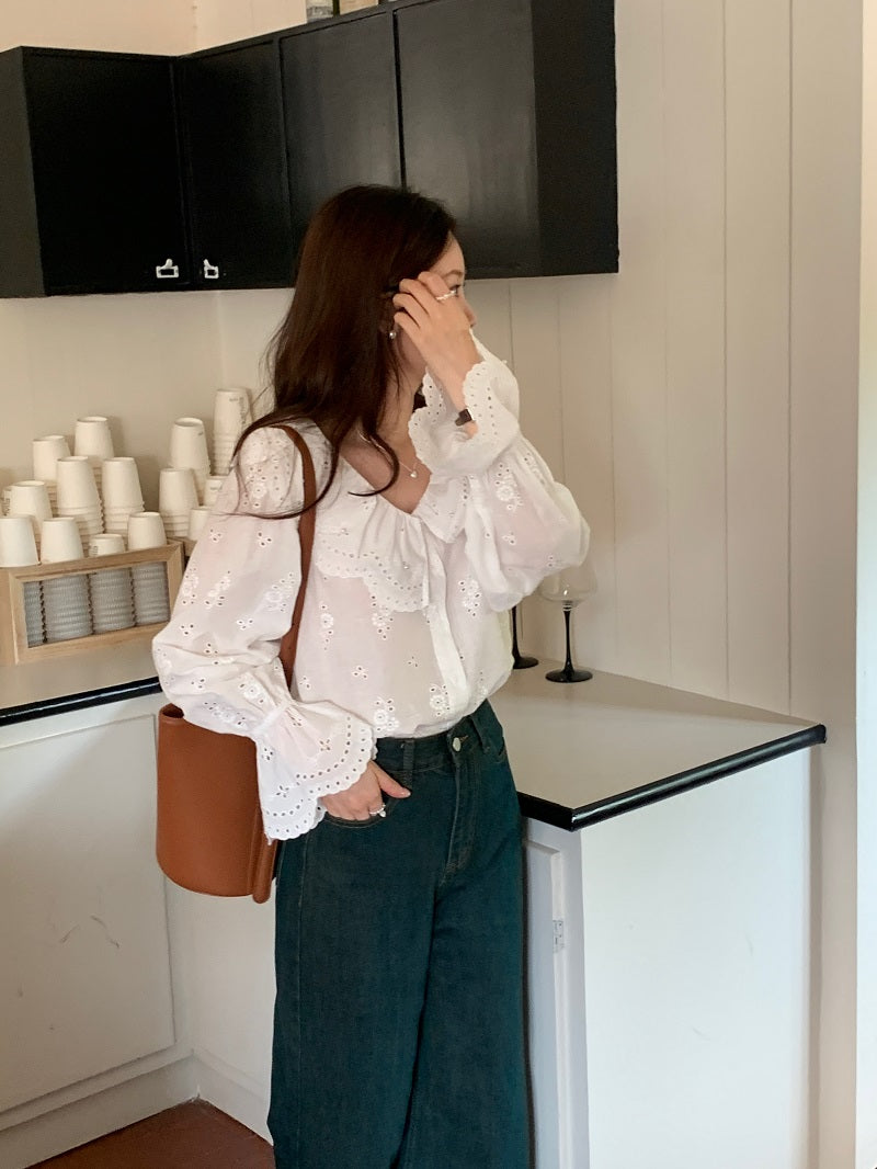Tue. 韓國荷葉領刺繡襯衫 白